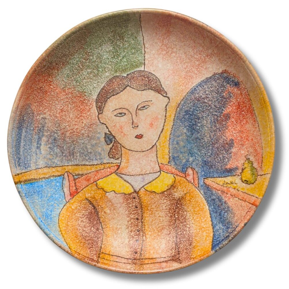 Vintage ceramic art platter made in Italy hand-painted portrait of a young woman